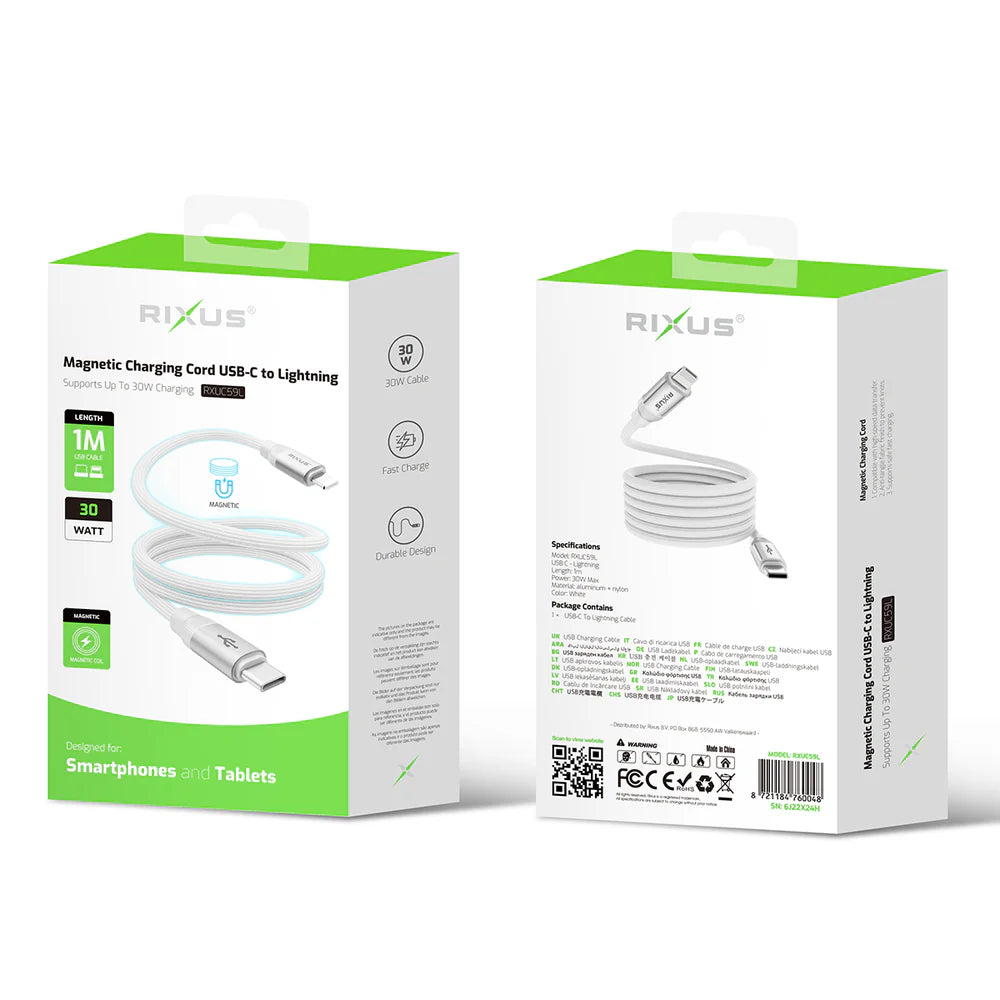 Magnetický nabíjací kábel USB-C na Lightning, 30 W, s krabičkou, Biely (100 cm)