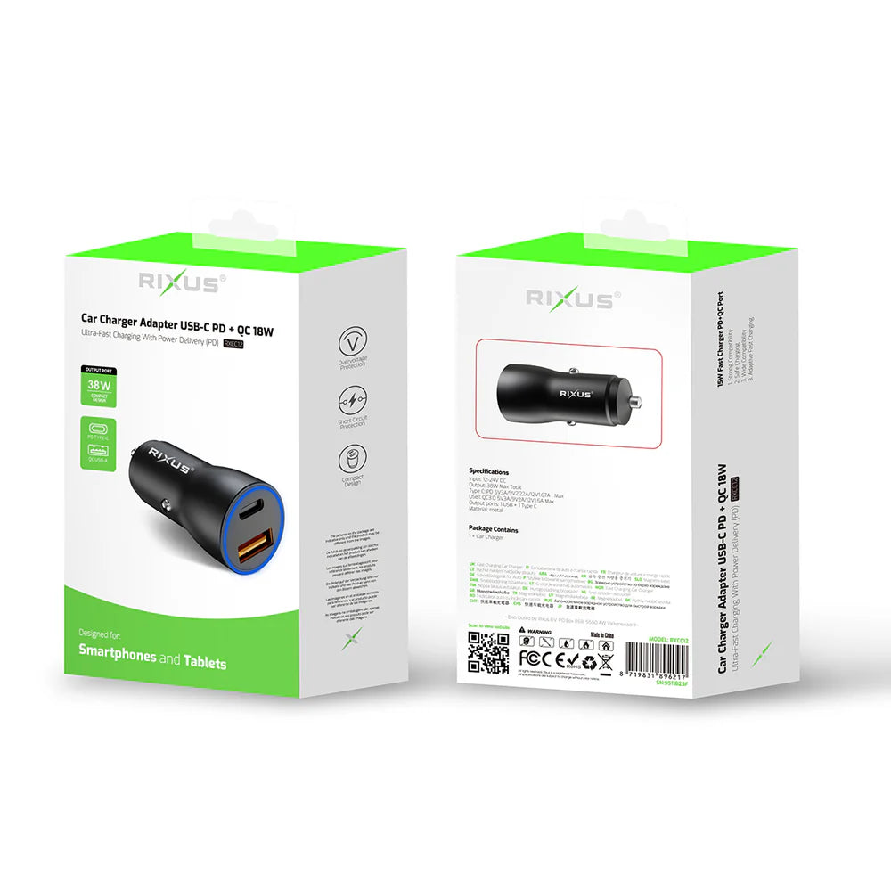 Výkonná Autonabíjačka USB-C PD 20W + QC3.0 18W (Čierna)