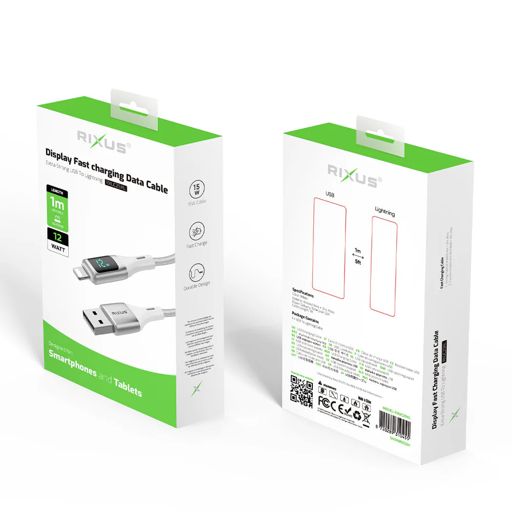 USB-A na Lightning kábel s LED displejom s krabičkou, Biely (100 cm)
