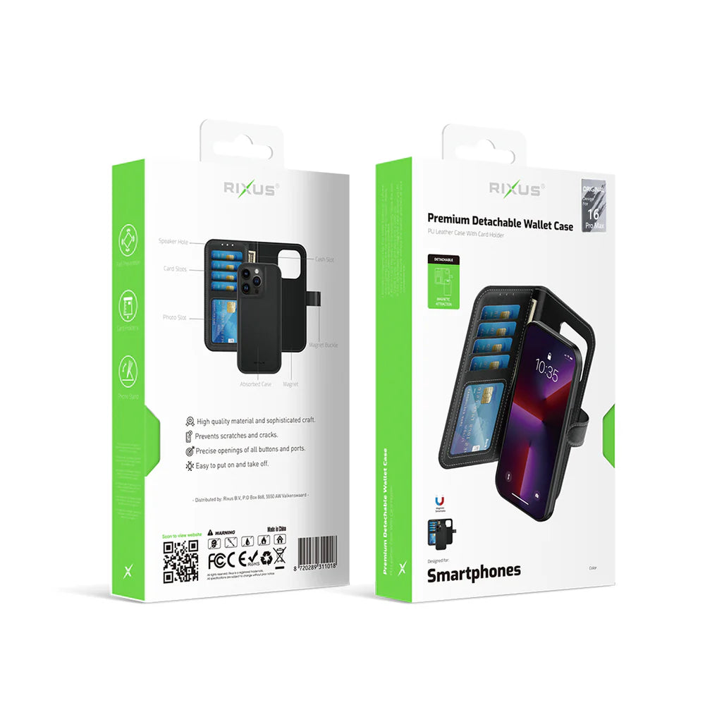 Magnetický Odnímateľný Peňaženkový Obal pre iPhone 16 Pro Max (Čierny)