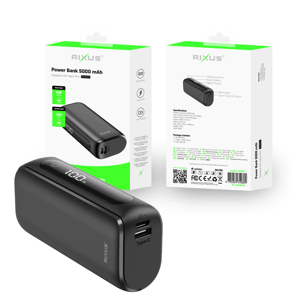 Kompaktná Powerbanka s Digitálnym Displejom 5000 mAh (Čierna)