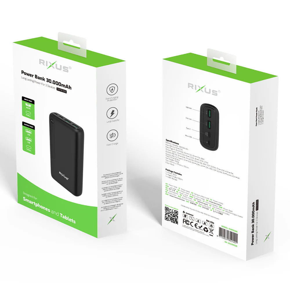 Powerbanka s Vysokou Kapacitou 30 000 mAh (Čierna)