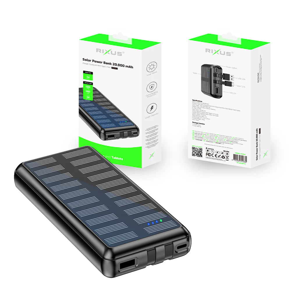 Solárna Powerbanka 20 000 mAh s Vstavanými Káblami (Čierna)