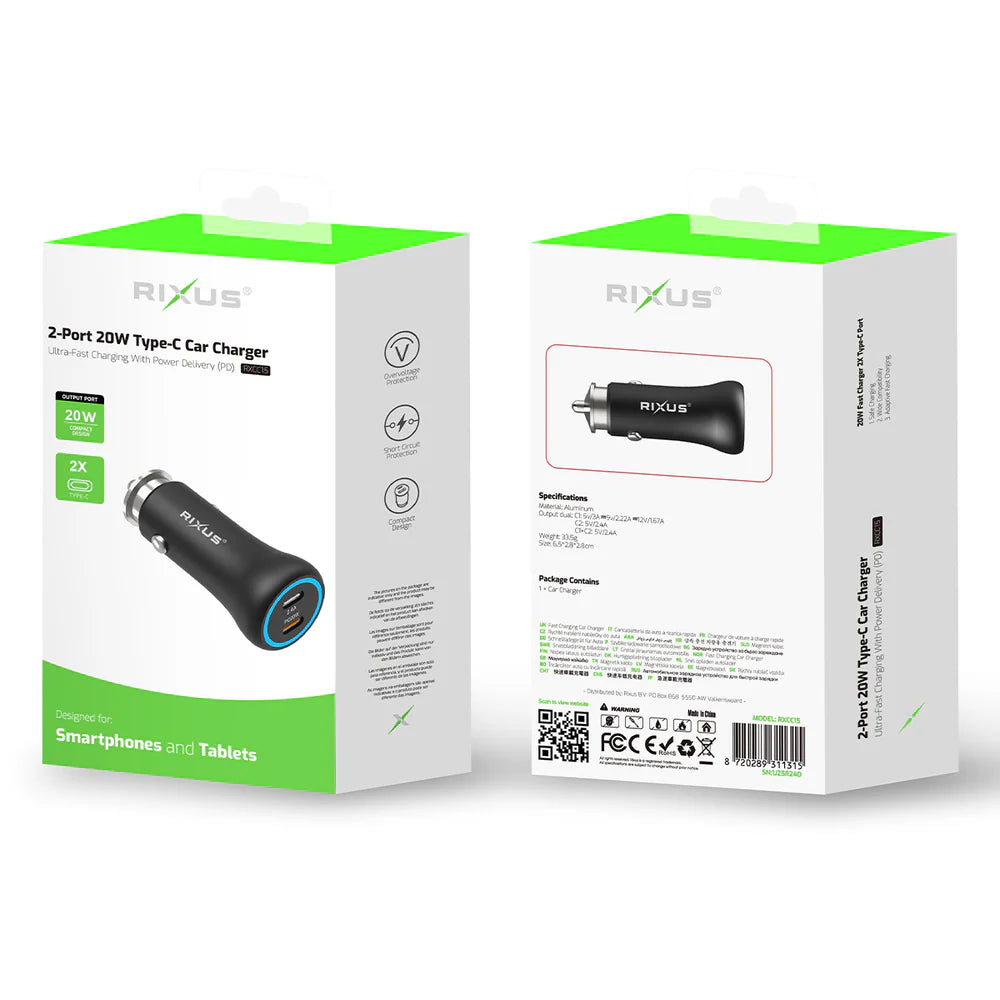 Dvojportová Autonabíjačka 20W USB-C (Čierna)