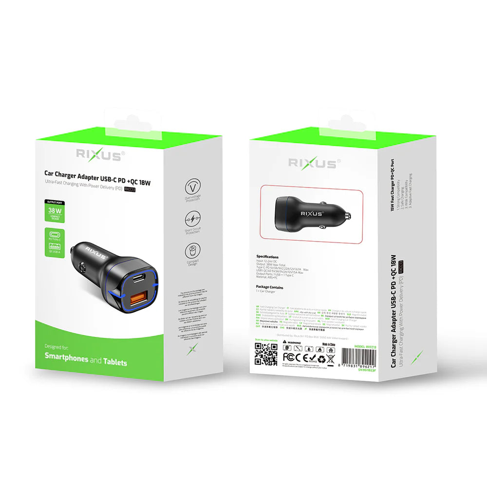 Kompaktná Autonabíjačka USB-C PD + QC3.0 18W (Čierna)